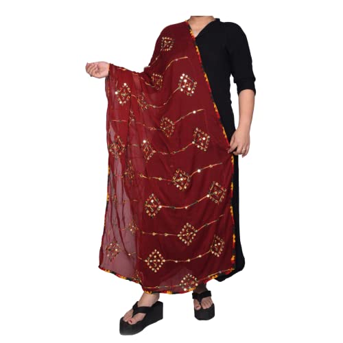 KEMZA Women's Embroidered Mirror Work Chiffon Dupatta (Maroon) Rajasthani Banjara Dupatta with Kuchi Work For Festival, Wedding, Party - Image 2