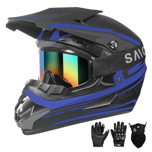 Cutey Youth Kids Motocross Helmet Adult ATV Dirt Bike Helmet OffRoad BMX 4Wheeler Full Face Motorcycle Helmet WGoggles Gloves Mask DOT Approved Purple Blue L - Image 1