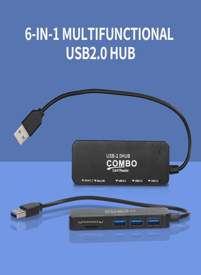 6-in-1 USB2.0 Hub Converter with TF SD Card Slots Micro USB Port Support USB Fan Keyboard Mobile Hard Disk U Disk Black - Image 2