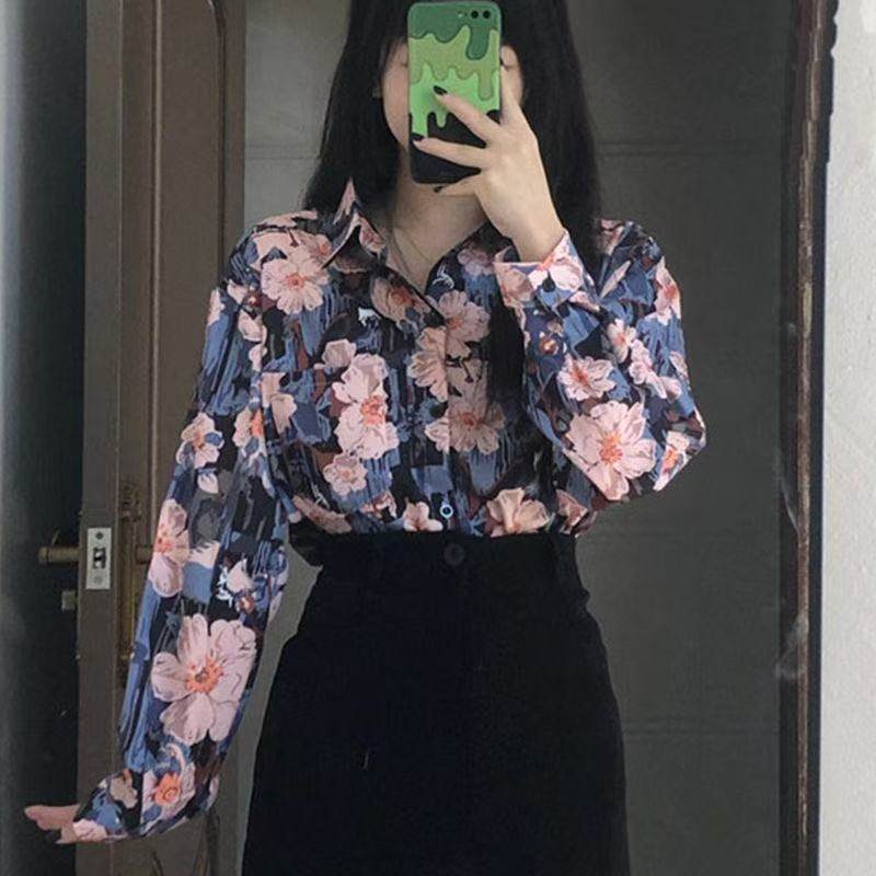 Annual meeting performance green travel photo retro Hong Kong style print long-sleeved shirt spring and autumn fashion Christmas performance shirt - Image 3