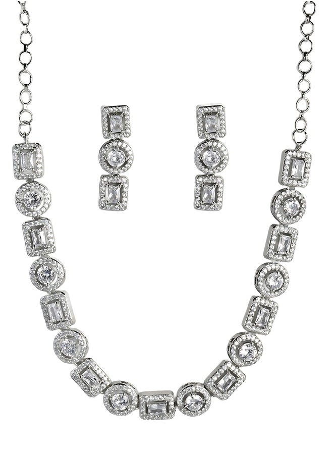 Just Peachy Just Peachy Elegant White & Silver-Toned Rhodium-Plated AD Studded Jewellery Set – Luxurious Necklace and Earrings for Weddings, Parties & Special Occasions  - Image 1