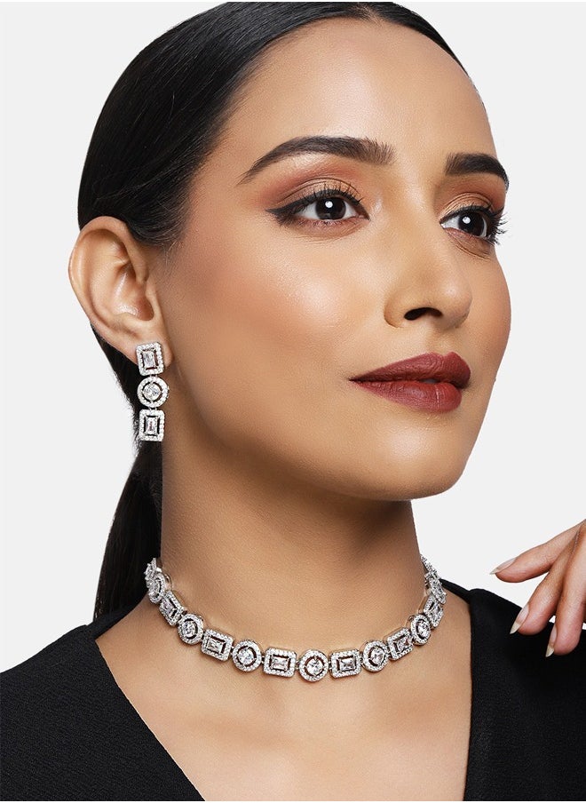 Just Peachy Just Peachy Elegant White & Silver-Toned Rhodium-Plated AD Studded Jewellery Set – Luxurious Necklace and Earrings for Weddings, Parties & Special Occasions  - Image 2