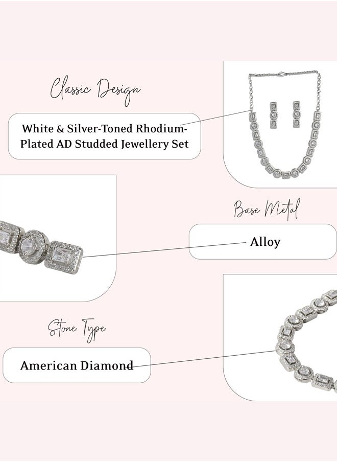 Just Peachy Just Peachy Elegant White & Silver-Toned Rhodium-Plated AD Studded Jewellery Set – Luxurious Necklace and Earrings for Weddings, Parties & Special Occasions  - Image 4