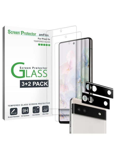 amFilm Screen Protector for Google Pixel 6A -5G(2022), with 2 Pack Camera Lens Protector, 0.33mm Thickness, HD Clear, Anti-Scratch Bubbles-Free, Glass, 3+2 Pack