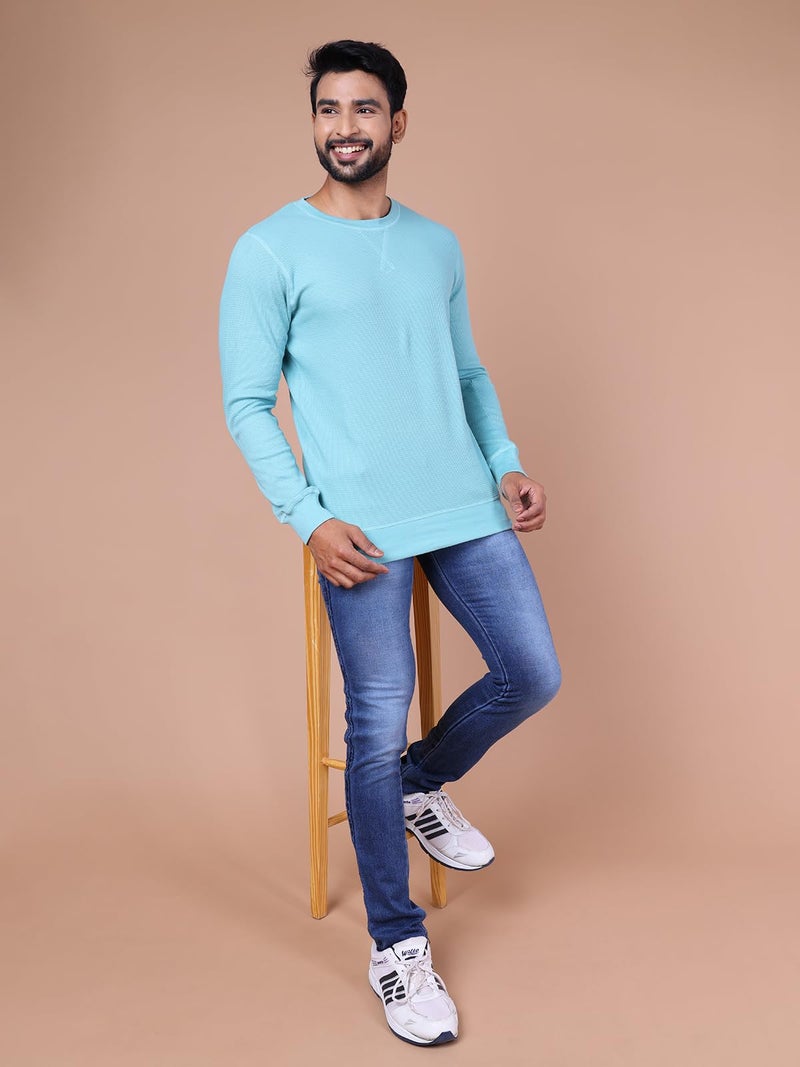 Rupa Men's 100% Cotton, Colors Waffle Textured Full Sleeve T-Shirt - Ribbed Crew Neck, Breathable Fabric, Enhanced Texture, Super Stretchable, Label-Free Comfort, Anti-Fungal Dye Pack of 1,Blue Medium - Image 3