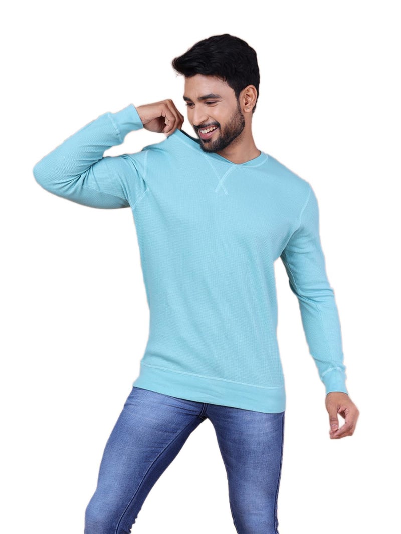Rupa Men's 100% Cotton, Colors Waffle Textured Full Sleeve T-Shirt - Ribbed Crew Neck, Breathable Fabric, Enhanced Texture, Super Stretchable, Label-Free Comfort, Anti-Fungal Dye Pack of 1,Blue Medium - Image 1