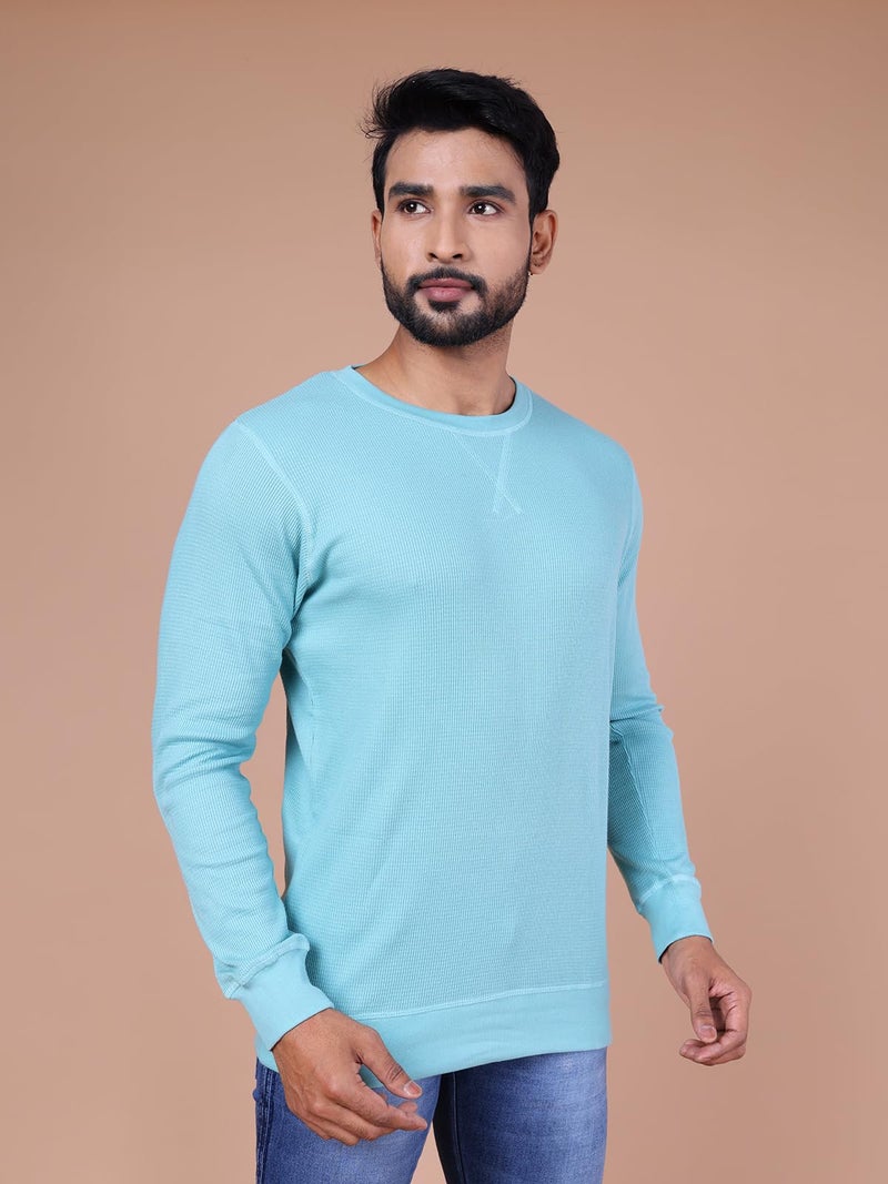 Rupa Men's 100% Cotton, Colors Waffle Textured Full Sleeve T-Shirt - Ribbed Crew Neck, Breathable Fabric, Enhanced Texture, Super Stretchable, Label-Free Comfort, Anti-Fungal Dye Pack of 1,Blue Medium - Image 2