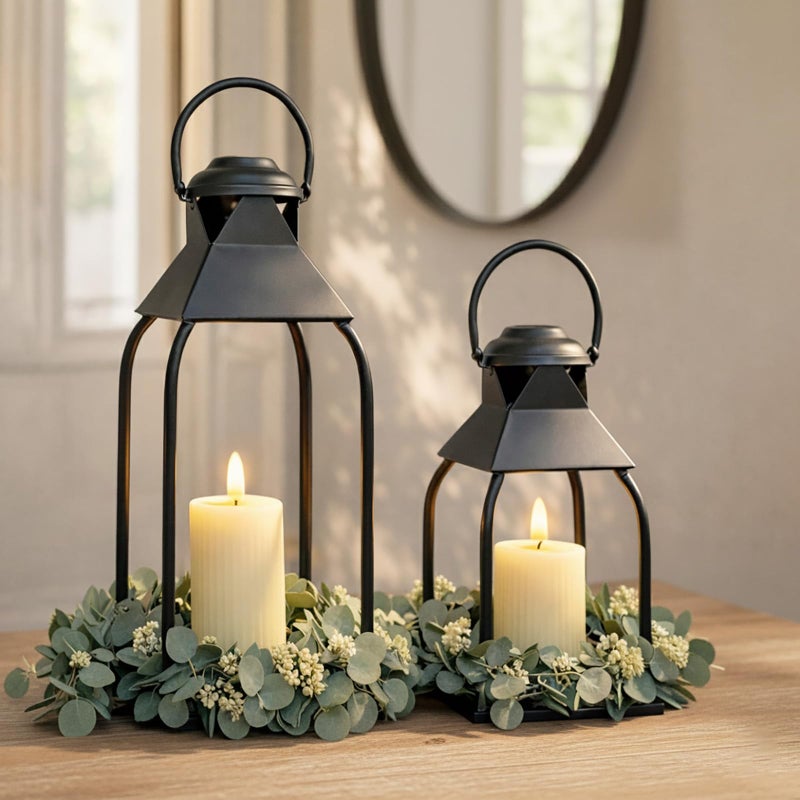 ZLFart Decorative Metal Lanterns Indoor Outdoor, Candle Holder for Porch, Patio, Fireplace, Floor, Wedding, Christmas, Fall, Holiday, Farmhouse Table Centerpiece (Black, Set of 2 15.7" 12") - Image 1
