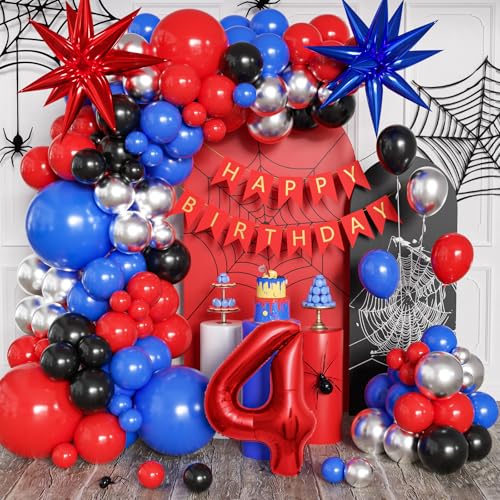 Sllyfo Spider Theme Birthday Decorations Party Supplies Balloon Arch Kit Spider Theme 4th Birthday Decorations Boys Girls 4 Year Old with Red Blue Balloons - Image 1
