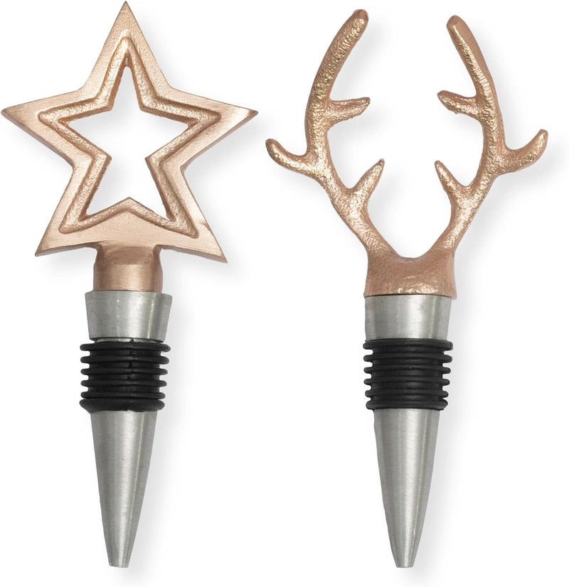 Folkulture Christmas Wine Stopper Set of 2 Champagne Stoppers for Bottles Gifts and Decorations Wine Accessories for Lovers Rosegold Reindeer - Image 1