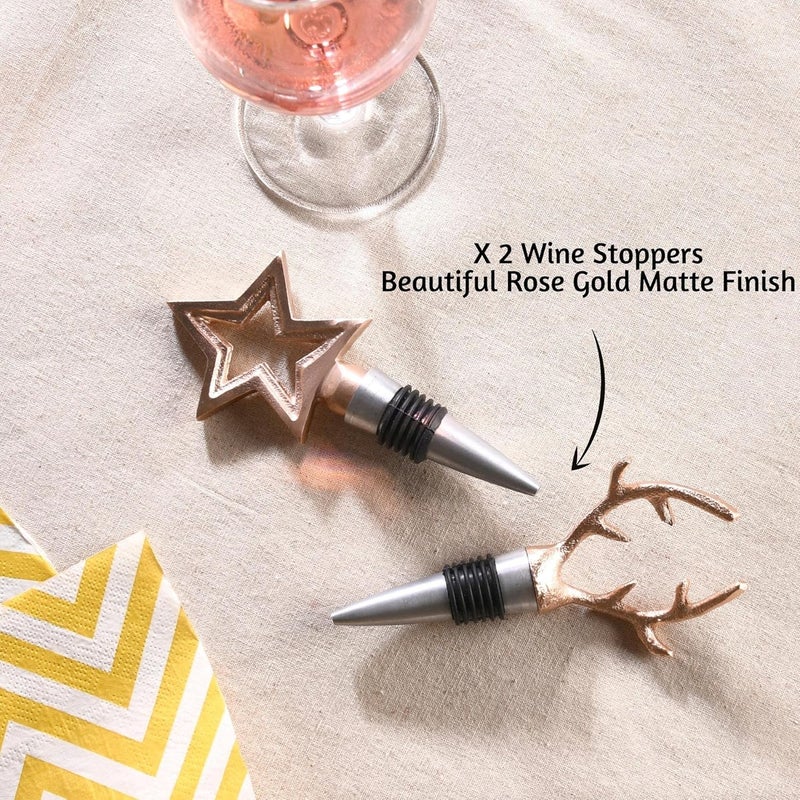 Folkulture Christmas Wine Stopper Set of 2 Champagne Stoppers for Bottles Gifts and Decorations Wine Accessories for Lovers Rosegold Reindeer - Image 4