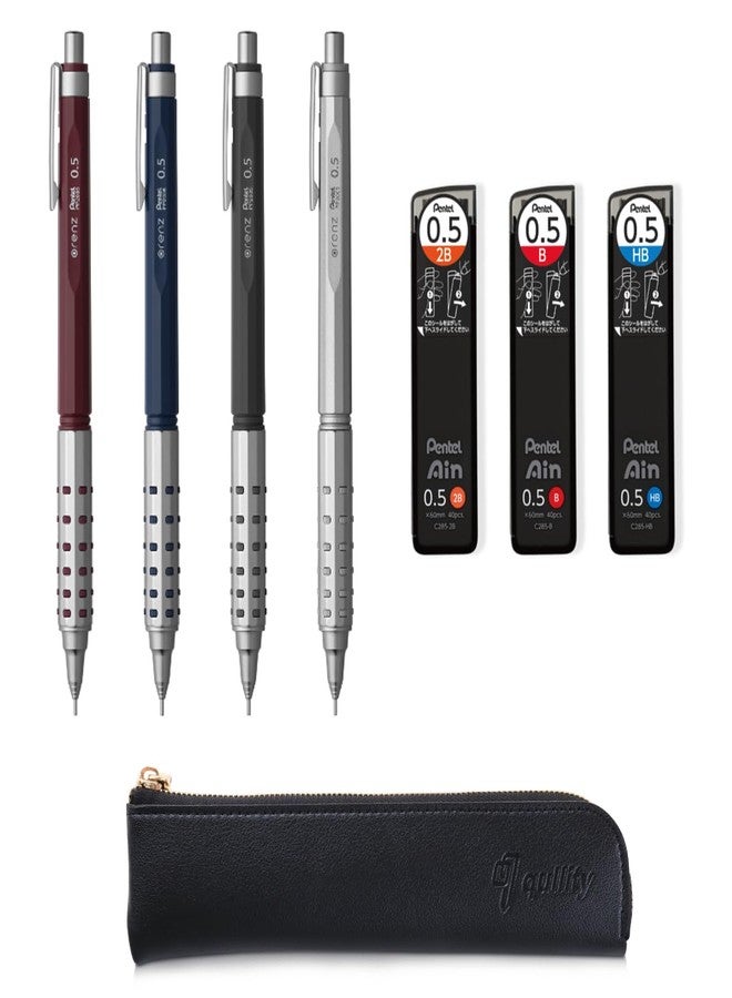 QULLITY Orenz AT 0.5 4 Color Set (Dark Red, Dark Blue, Gray, Silver) + Ain 0.5 HB/B/2B leads, qullity original Black slim pen case - Image 1