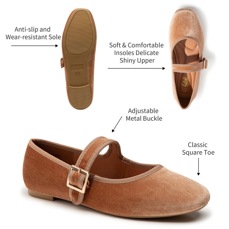 Trary Women's Brown Ballet Flats,Square Toe Velvet Mary Jane Shoes Women,Comfortable Dress Shoes for Women Dressy,Size 8.5 - Image 4
