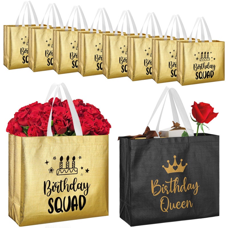 Clysee 10 Pack Reusable Birthday Squad Birthday Queen Gift Bag with Handle Large Tote Bag for Women(Gold, Black) - Image 1