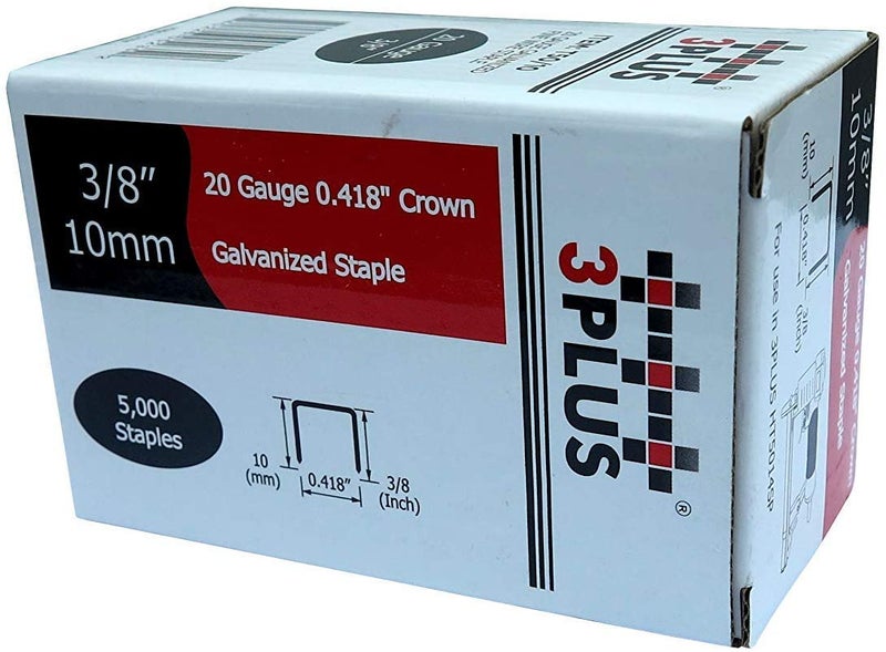 3PLUS T50/10 20 Gauge 3/8-Inch (10.6mm) Crown 3/8-Inch Leg Length Galvanized Fine Wire Staples, 5,000 per Box - Image 1