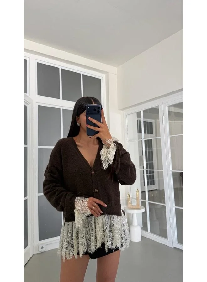 Gaus  Coffee Lace Detailed Knit Cardigan GAUS-01944. for Women | Best Price UAE