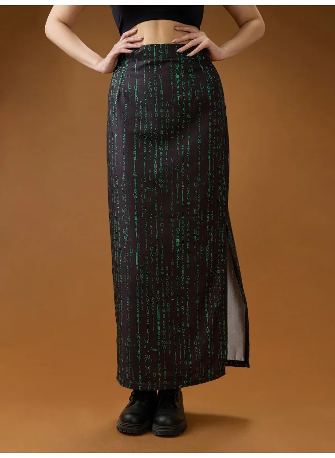 جلو باص جوبس تنورة ميدي مستقيمة بفتحة جانبية وطبعة رقمية باللونين الأسود والأخضر