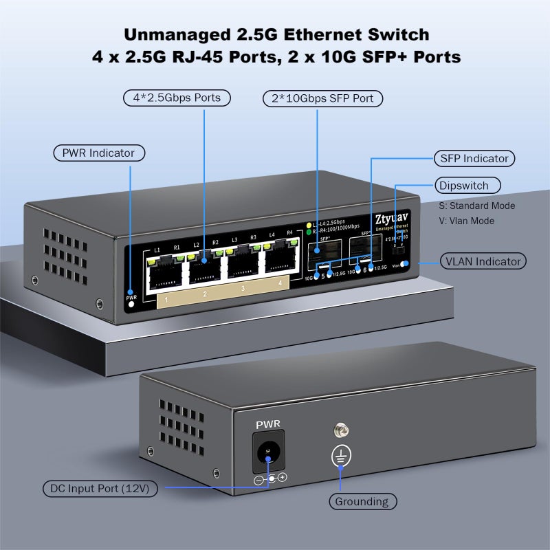 Ztyuav 6 Port Unmanaged 2.5G Ethernet Switch with 4 x 2.5G RJ-45 Base-T Ports, 2 x 10G SFP+, Ports Speed Auto-Negotiation-100/1000/2500Mbps, One-Key VLAN, Plug & Play, Fanless & Metal - Image 2
