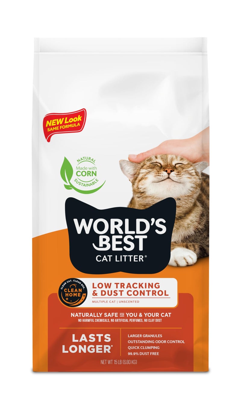 WORLD'S BEST CAT LITTER Low Tracking & Dust Control Multiple Cat Unscented 15-Pounds - Natural Ingredients, Quick Clumping, Flushable & Made in USA - Long-Lasting Odor Control & Easy Scooping - Image 1