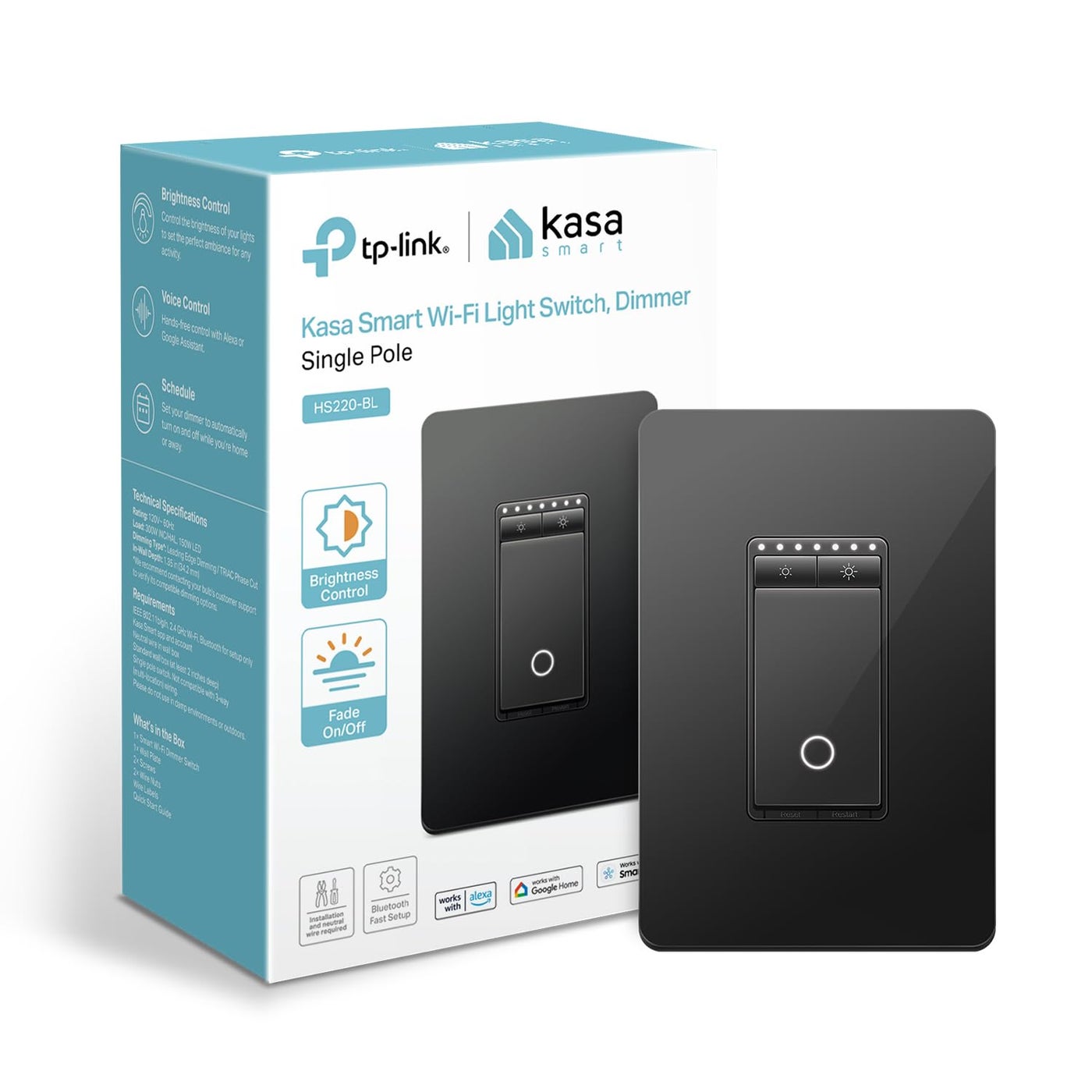 Kasa Smart Dimmer Switch HS220 Single Pole Needs Neutral Wire 24GHz WiFi Light Switch Compatible with Alexa and Google Home UL Certified No Hub Required Black