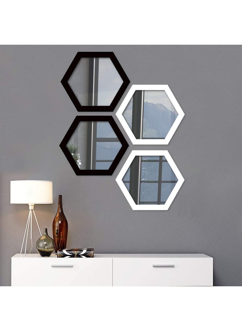 Art Street Art Street Decorative Wall Mirror White & Black Set of 4 Hexagon Shape for Home Decoration & Wall Decoration, Size-12.7x11 Inches  - Image 1