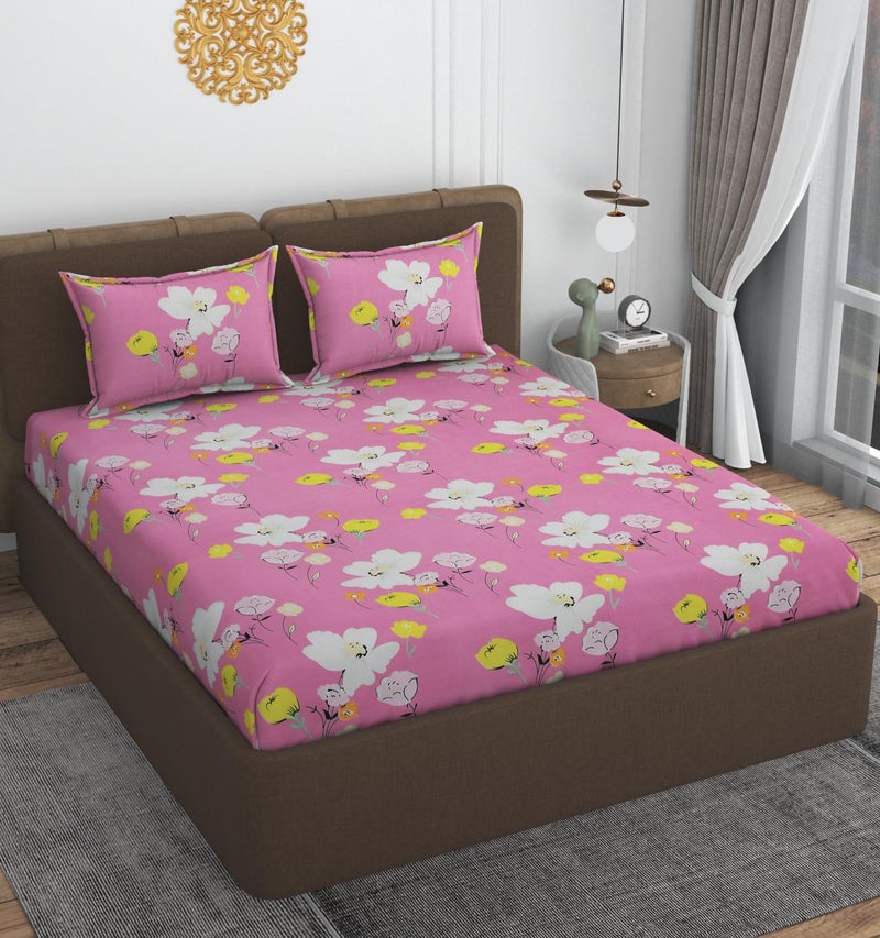 VOMZER 320 TC Cotton Feel All Around Elastic Fitted Bedsheets King Size, Premium Elastic Fitted King Size Bed Sheet for Double Bed with 2 Pillow Covers, Size- 78” x 72” (White Flower) - Image 2