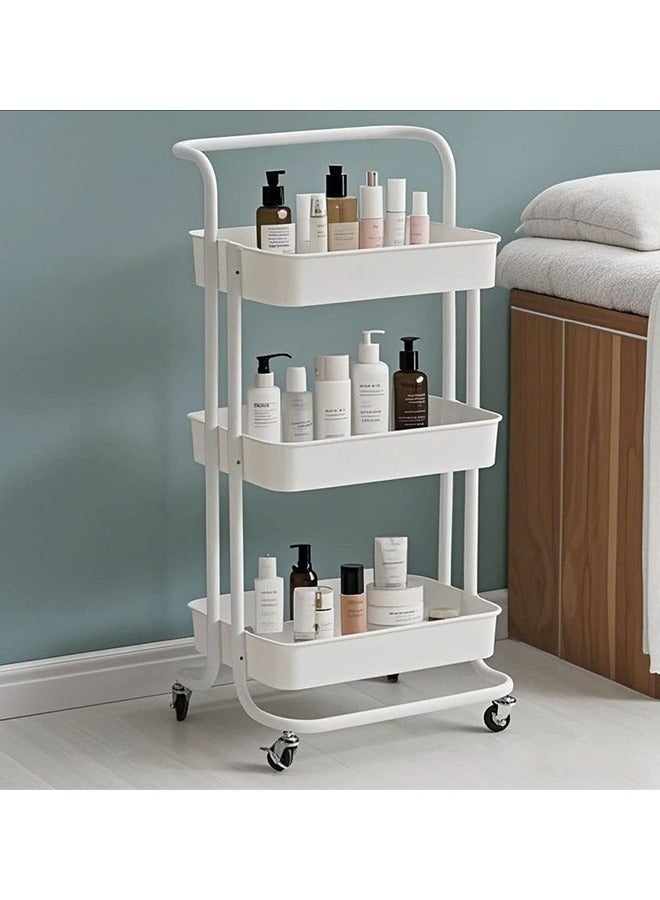 Movable Storage Rack, Floor Multi-Layer Storage Snack Trolley, Kitchen Sundry Storage Rack Drop, Fruit Snack Storage Rack, Living Room Clip Shelf, Trolley Shelf, Movable Storage Rack with Wheels, White - Image 1