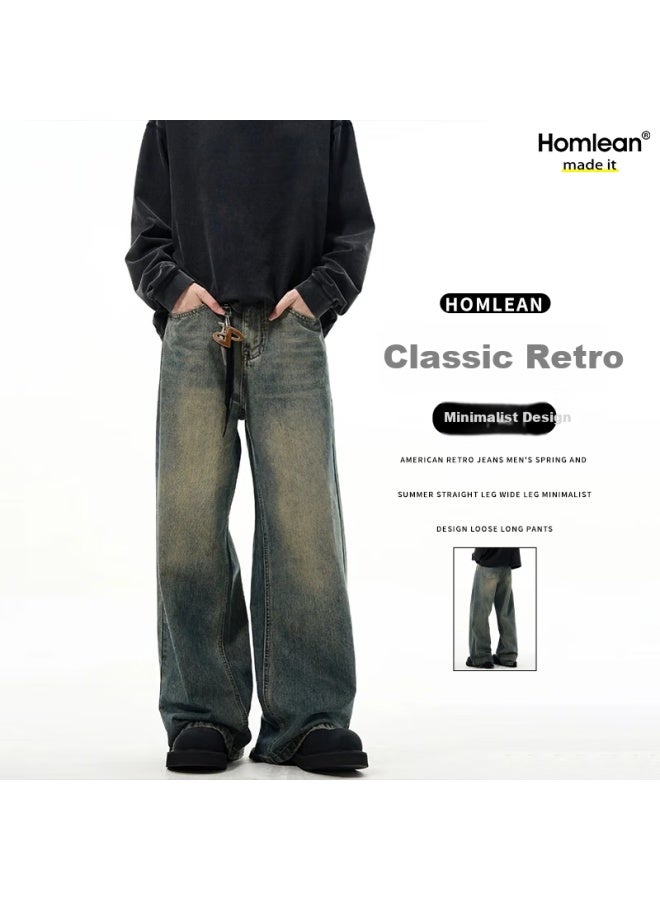 Homlean American Retro Jeans Men's Spring And Summer Straight Wide Leg Minimalist Design Loose Long Pants Hs23 Vintage Yellow L - Image 1
