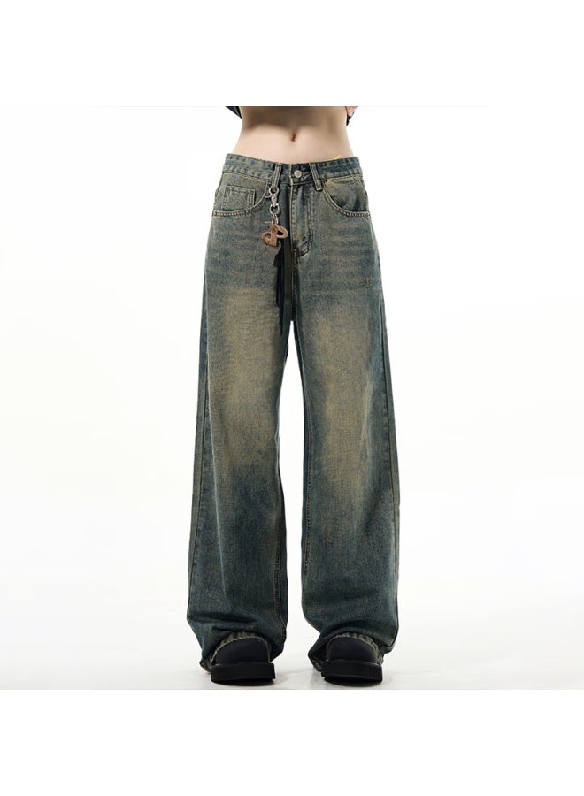 Homlean American Retro Jeans Men's Spring And Summer Straight Wide Leg Minimalist Design Loose Long Pants Hs23 Vintage Yellow L - Image 3