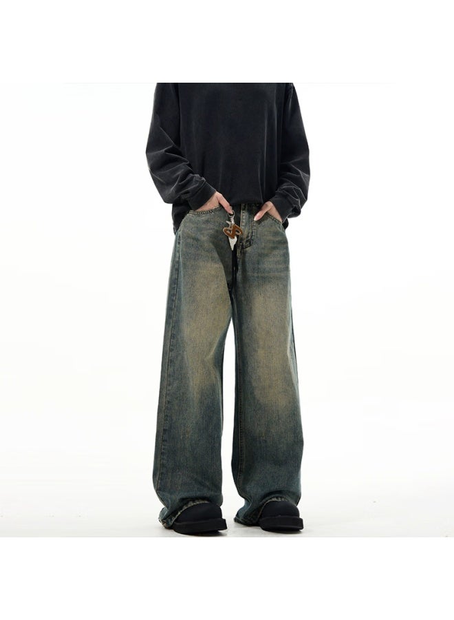 Homlean American Retro Jeans Men's Spring And Summer Straight Wide Leg Minimalist Design Loose Long Pants Hs23 Vintage Yellow L - Image 4