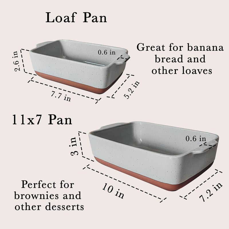 Mora Ceramic Set of 2 Baking Dishes For Casserole Banana Bread Brownies Broiling Roasting and Baking 7x11 in and Loaf Pans  Porcelain Serving Bakeware from Oven to Table Freezer Safe  Grey - Image 2