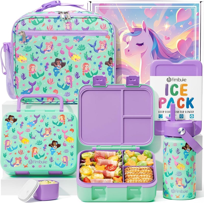 Fimibuke Bento Lunch Box for Kids - Toddler Snack Bento Box Container with 3 Compartments, Stainless Steel Water Bottle, Insulated Lunch Bag, Ice Pack Set for Ages 3-12 Girl Boy Daycare Back to School - Image 1