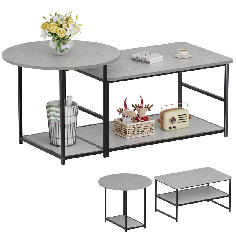 WOHOMO Coffee Table Modern Style Coffee Tables for Living Room Marble Center Table with Storage 2 in 1Detachable Table SetGrey Marble