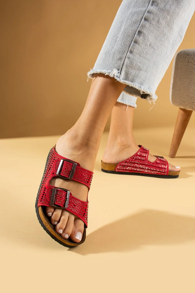 Pembe Potin Pink Potin Double Buckle Stone Detailed Anatomical Sole Women's Slippers 51-600-24