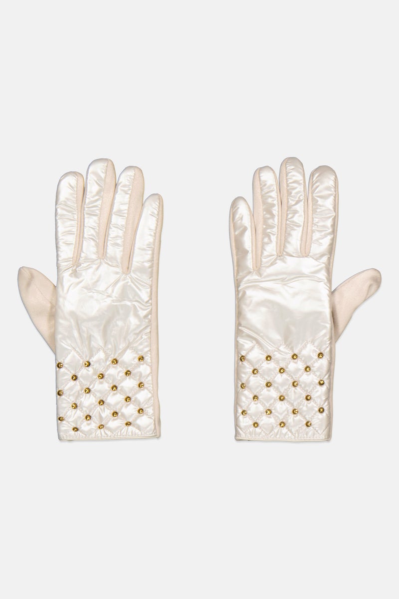 Justin Gregory Women 1 Pair Studded Puffer Gloves, Off White - Image 1