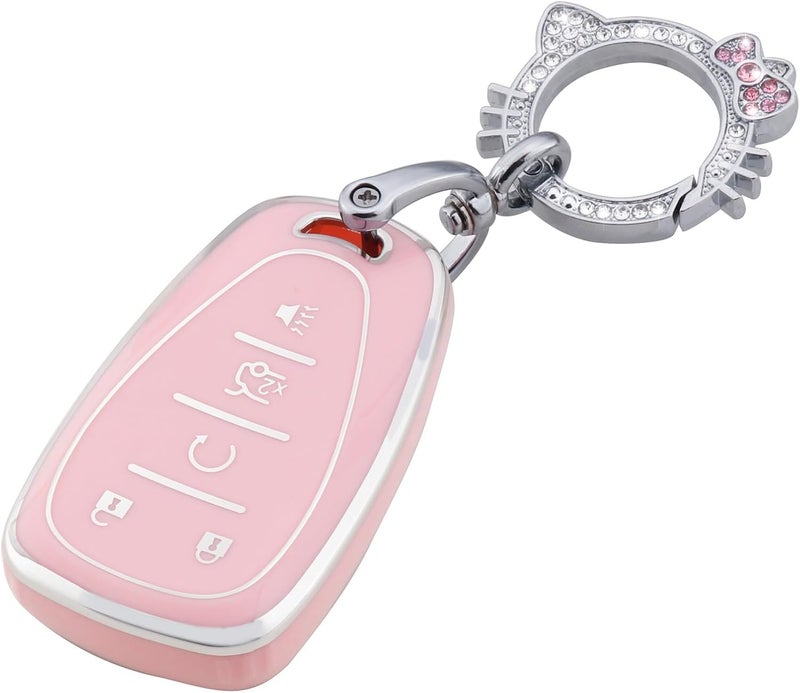PANGPAI Pink Key Fob Cover for Chevy, Soft TPU Key Case Protection with Bling Keychain Fit for Chevrolet Equinox Malibu Camaro Traverse - Image 1