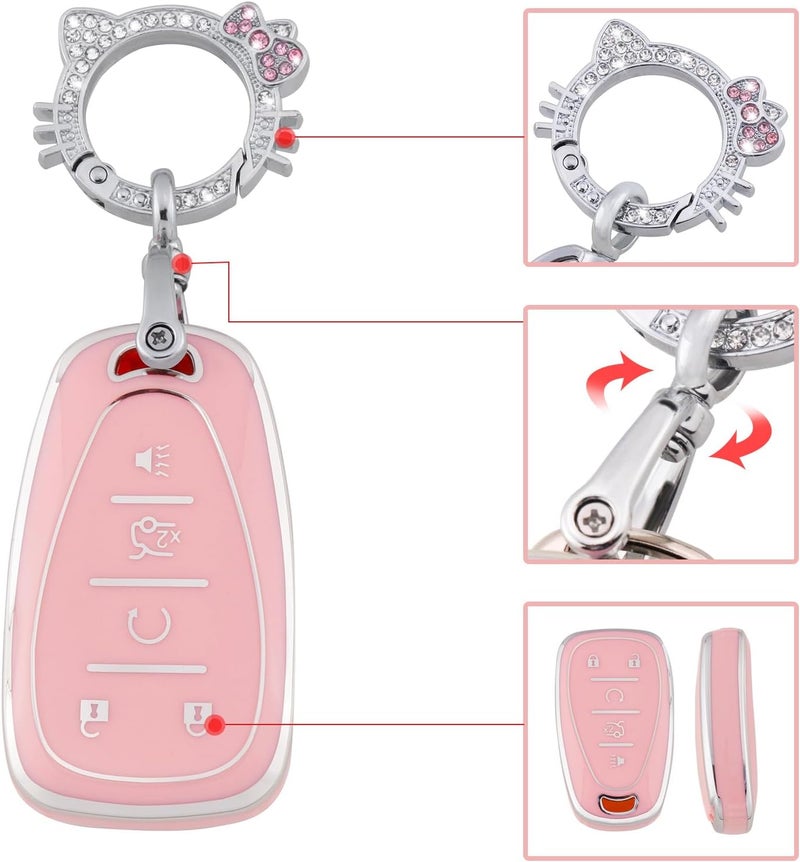PANGPAI Pink Key Fob Cover for Chevy, Soft TPU Key Case Protection with Bling Keychain Fit for Chevrolet Equinox Malibu Camaro Traverse - Image 4