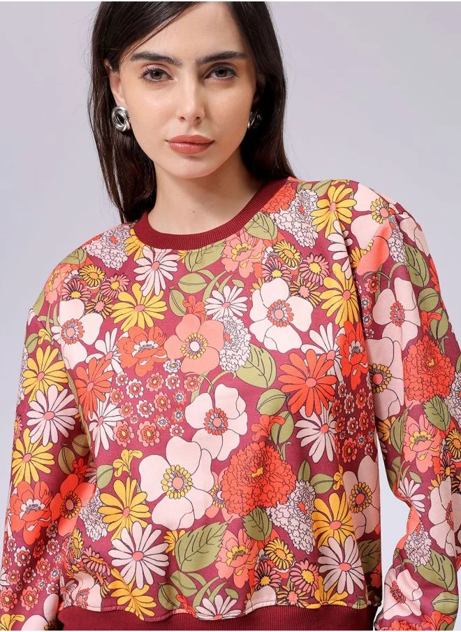 مرفوعة Women Relaxed Fit Floral Print Crewneck Sweatshirt