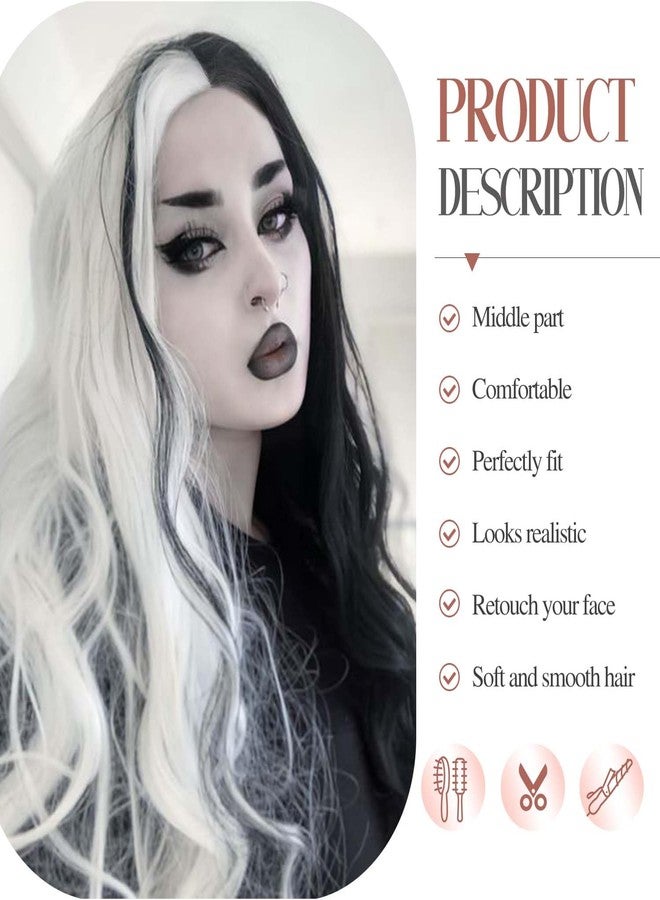 فانسي هير شعر مستعار فاخر نصف أسود ونصف أبيض طويل مجعد ومموج، شعر مستعار صناعي طويل مموج، شعر مستعار يومي للحفلات التنكرية للنساء ذوات البشرة السمراء، طول 26 بوصة - Image 3