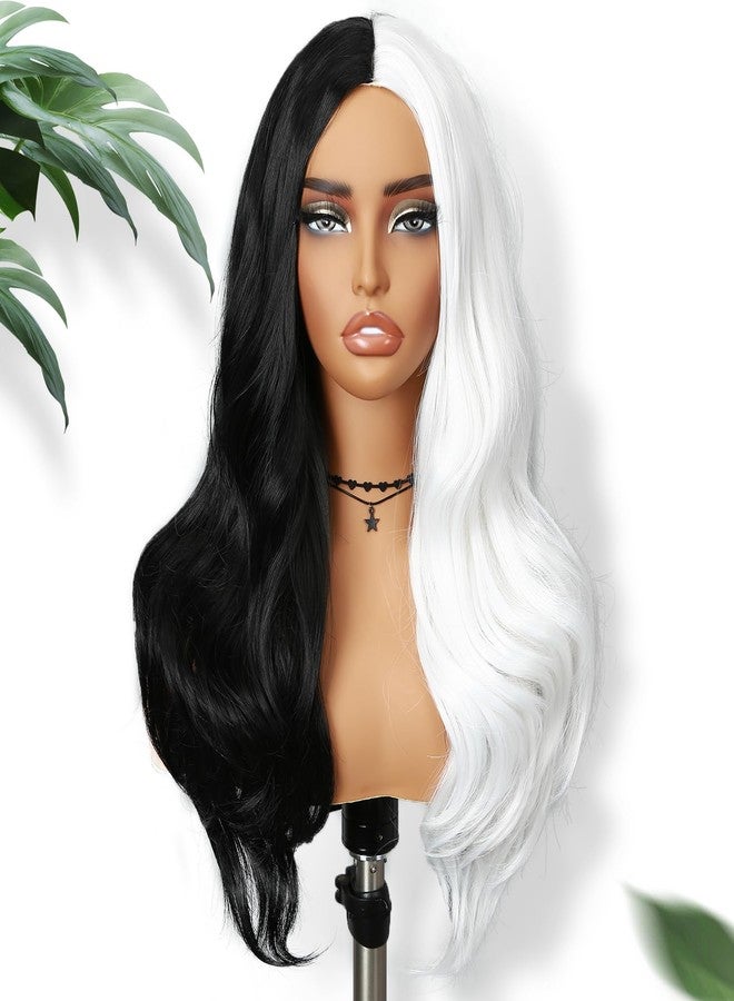 فانسي هير شعر مستعار فاخر نصف أسود ونصف أبيض طويل مجعد ومموج، شعر مستعار صناعي طويل مموج، شعر مستعار يومي للحفلات التنكرية للنساء ذوات البشرة السمراء، طول 26 بوصة - Image 5
