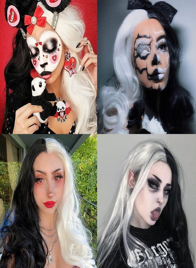 فانسي هير شعر مستعار فاخر نصف أسود ونصف أبيض طويل مجعد ومموج، شعر مستعار صناعي طويل مموج، شعر مستعار يومي للحفلات التنكرية للنساء ذوات البشرة السمراء، طول 26 بوصة - Image 2