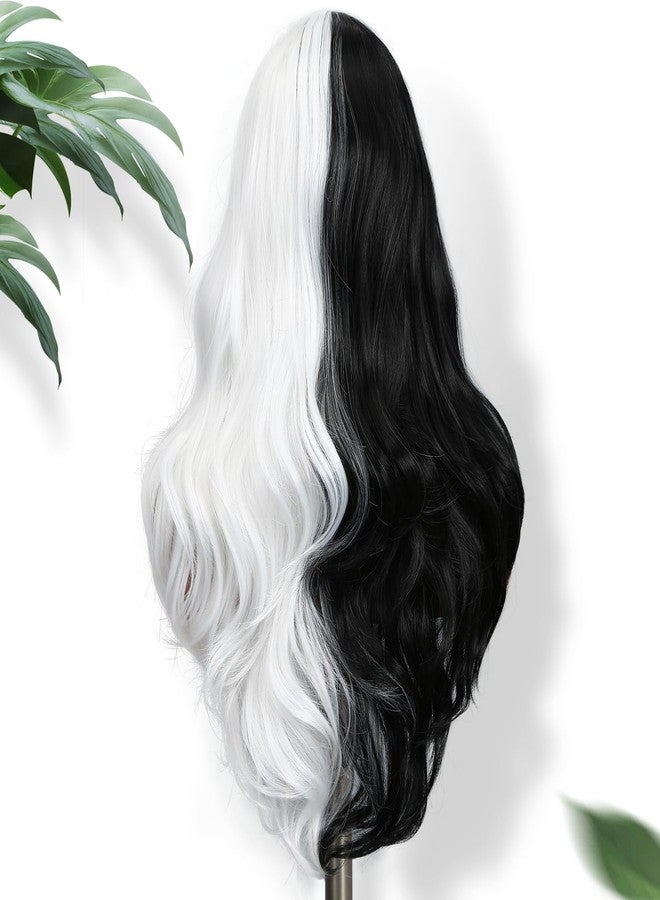 فانسي هير شعر مستعار فاخر نصف أسود ونصف أبيض طويل مجعد ومموج، شعر مستعار صناعي طويل مموج، شعر مستعار يومي للحفلات التنكرية للنساء ذوات البشرة السمراء، طول 26 بوصة - Image 4