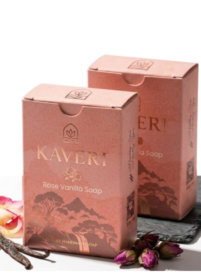 Kaveri Rose Vanilla Soap Bar (Pack Of 2 )- Natural Aromatherapy Face & Body Soap for Dry Sensitive Skin - Organic Moisturizing Bar with Rose Petals - Handmade Cold Process Coconut Oil Soap 110g*2 - Image 1