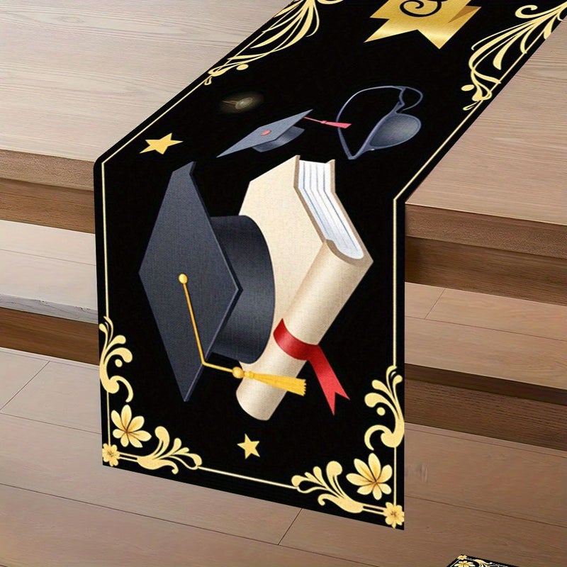 Graduation Cap Gold Black Printed Fabric Table Runner 13X48 13X72 13X90 Inches for Holiday Dining Party Decor - Image 1