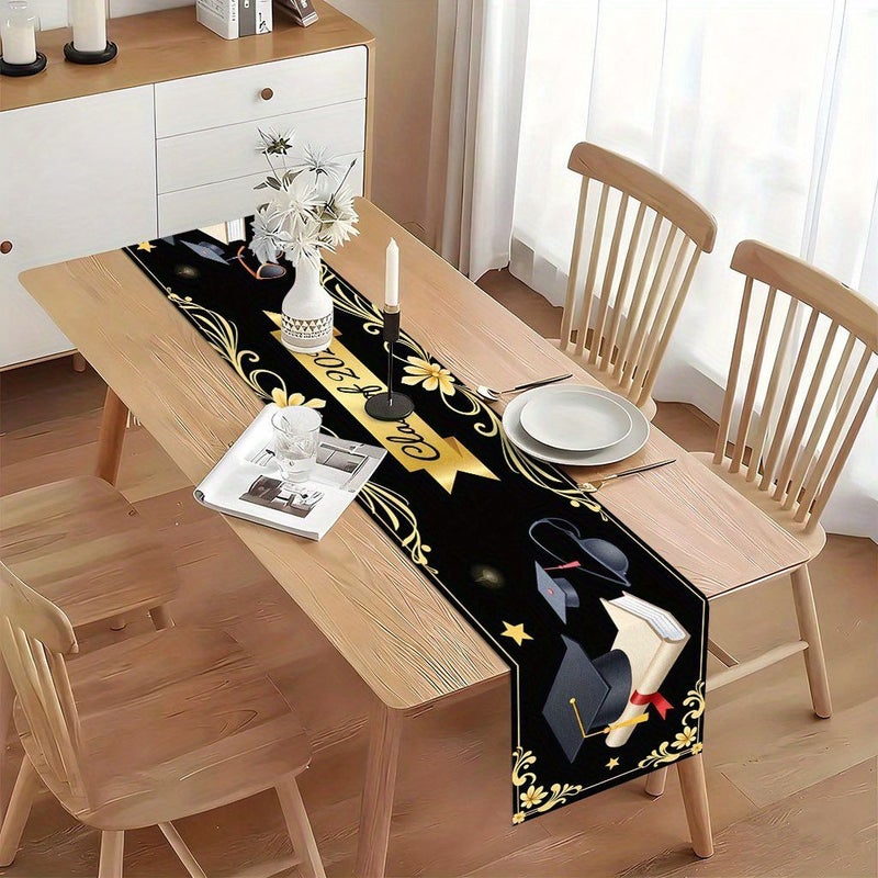 Graduation Cap Gold Black Printed Fabric Table Runner 13X48 13X72 13X90 Inches for Holiday Dining Party Decor - Image 5