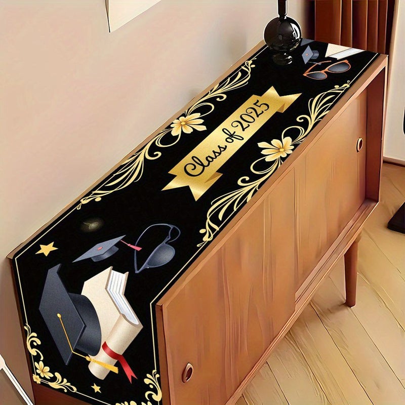 Graduation Cap Gold Black Printed Fabric Table Runner 13X48 13X72 13X90 Inches for Holiday Dining Party Decor - Image 2