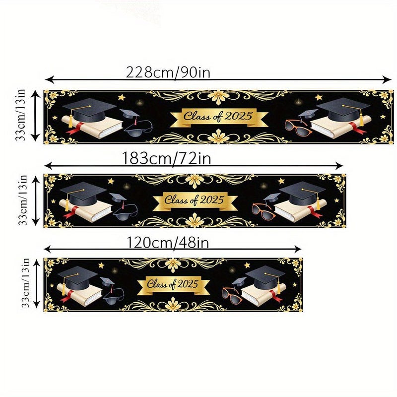 Graduation Cap Gold Black Printed Fabric Table Runner 13X48 13X72 13X90 Inches for Holiday Dining Party Decor - Image 3