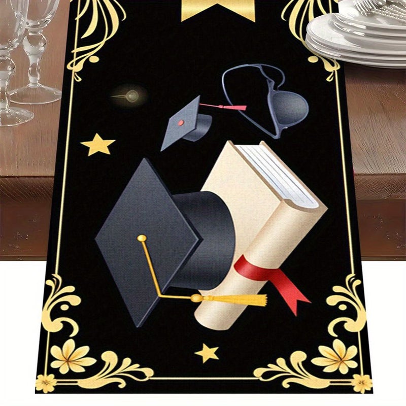 Graduation Cap Gold Black Printed Fabric Table Runner 13X48 13X72 13X90 Inches for Holiday Dining Party Decor - Image 4