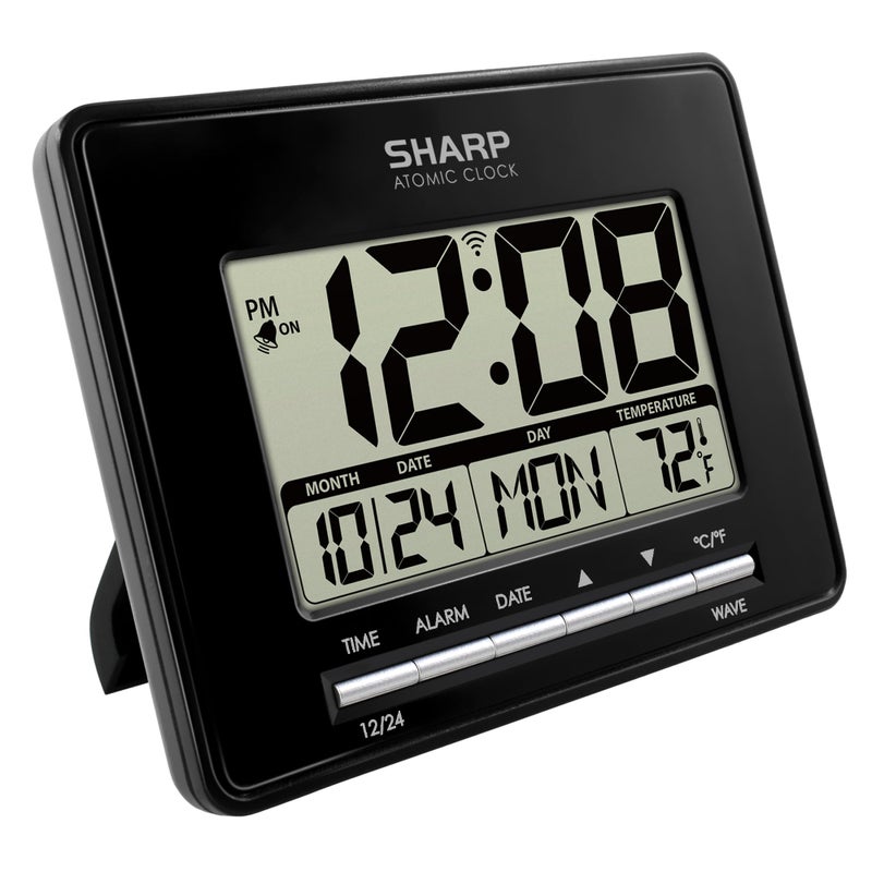 Sharp Atomic Desktop Clock Auto Set Digital Alarm Clock Atomic Accuracy Easy to Read Screen with TimeDateTemperature Display Perfect for Nightstand or Desk