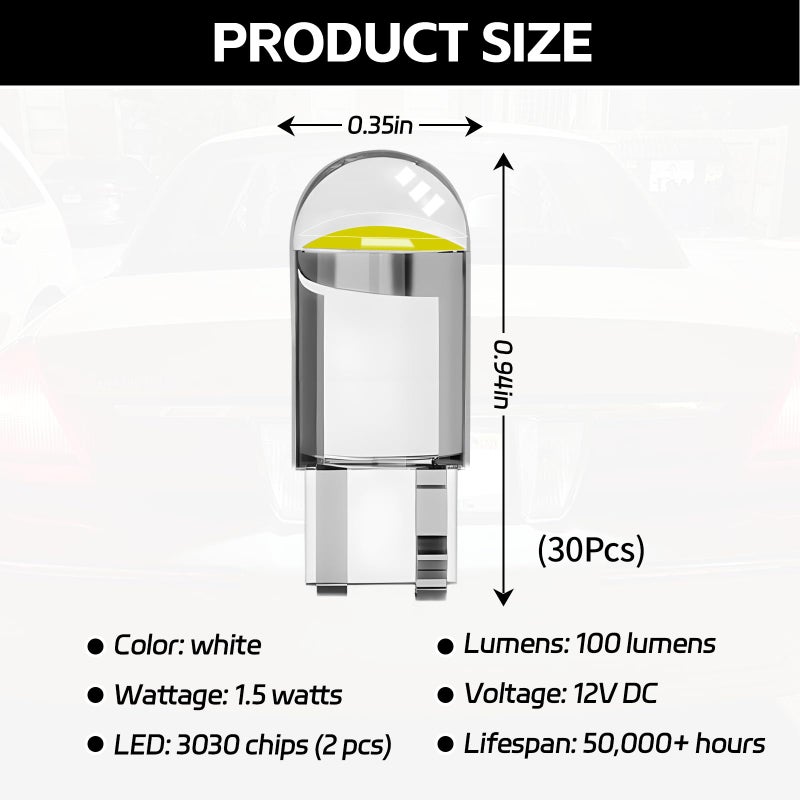 Hbxdeco 30PCS 194 Car LED Light Bulbs, T10 Interior Lights Bulb Replacement, Error Free 168 2825 W5W Wedge COB LED Bulbs, Universal for Car Dome Map Door Courtesy License Plate Light (White) - Image 2